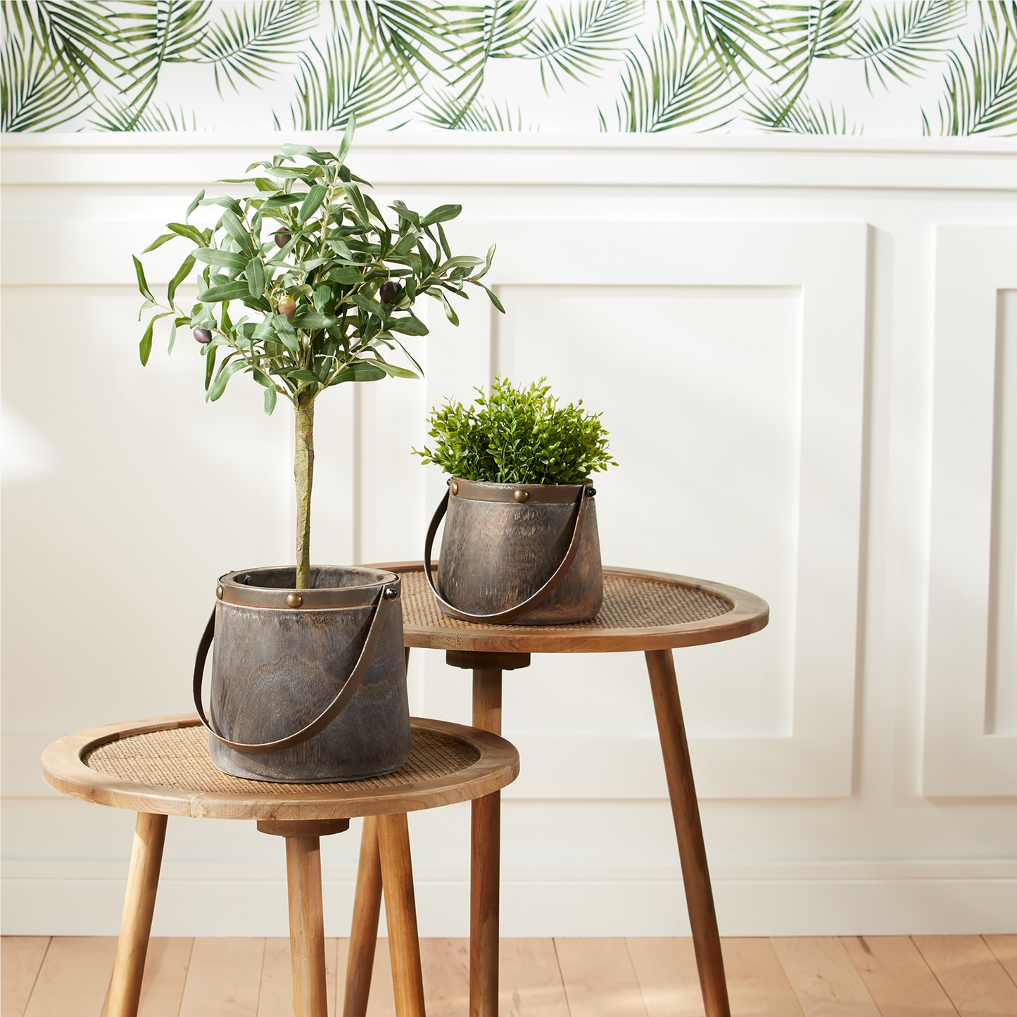 Natural Wooden Pail Planter with Metal Handle Accent (Set of 2)