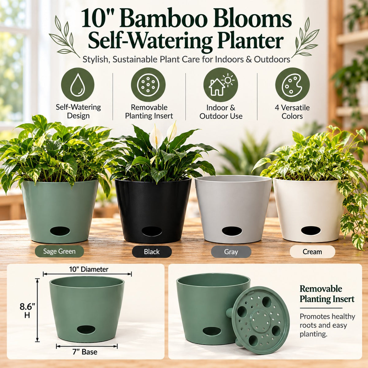 10" Black Round Self-Watering Bamboo Pot