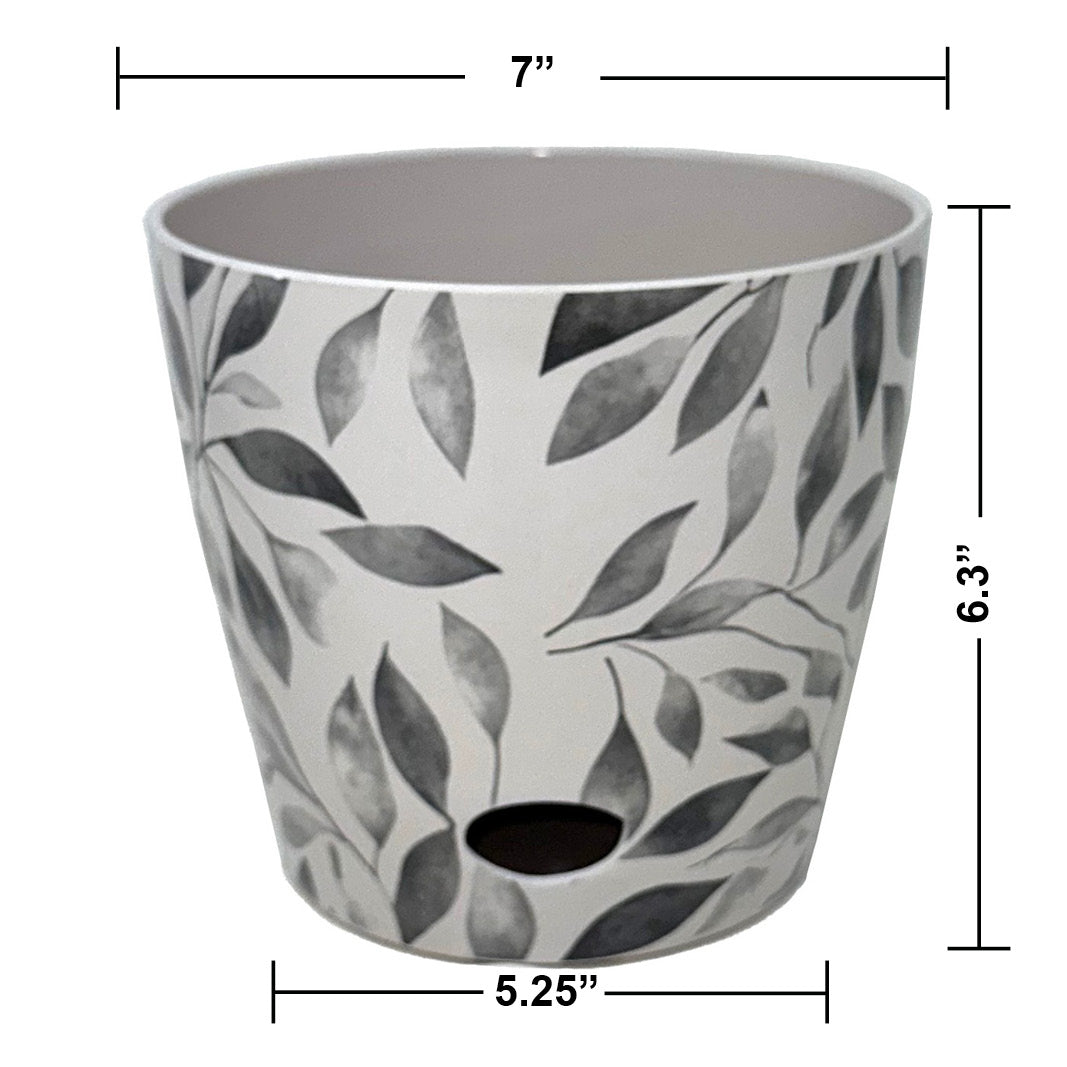 7" Gray Leaves Round Self-Watering Bamboo Pot