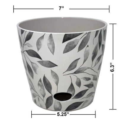7" Gray Leaves Round Self-Watering Bamboo Pot