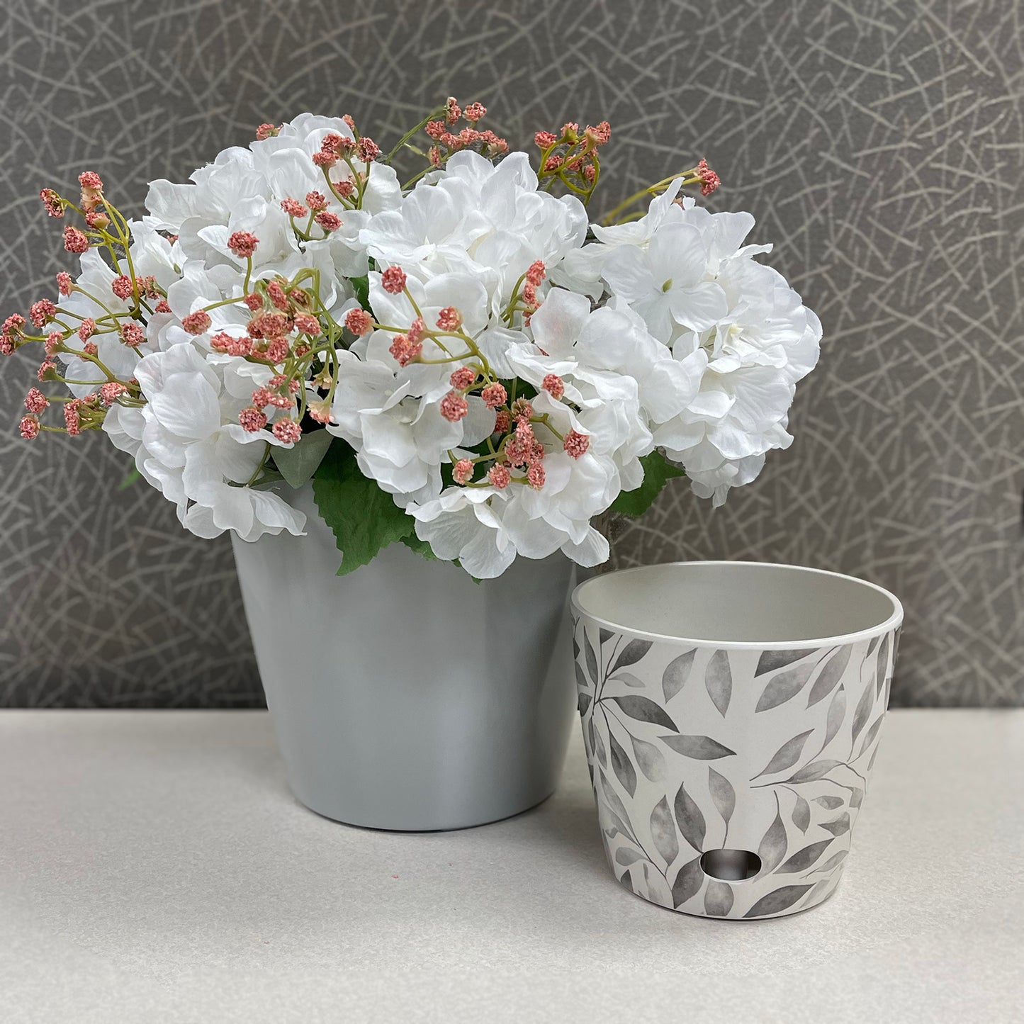 Self-Watering Plant Pot Set of 2 5" Gray Leaves & 7" Gray Solid