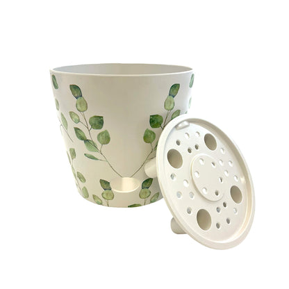 7" Green Leaves Round Self-Watering Bamboo Pot