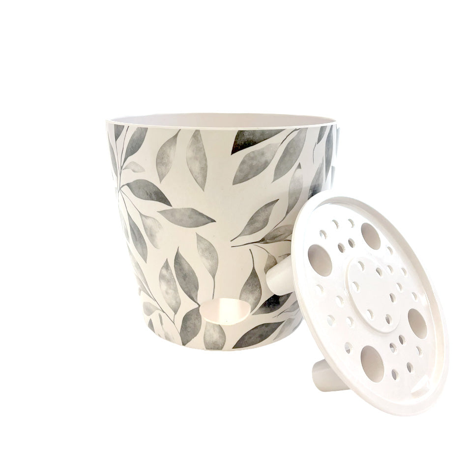 7" Gray Leaves Round Self-Watering Bamboo Pot