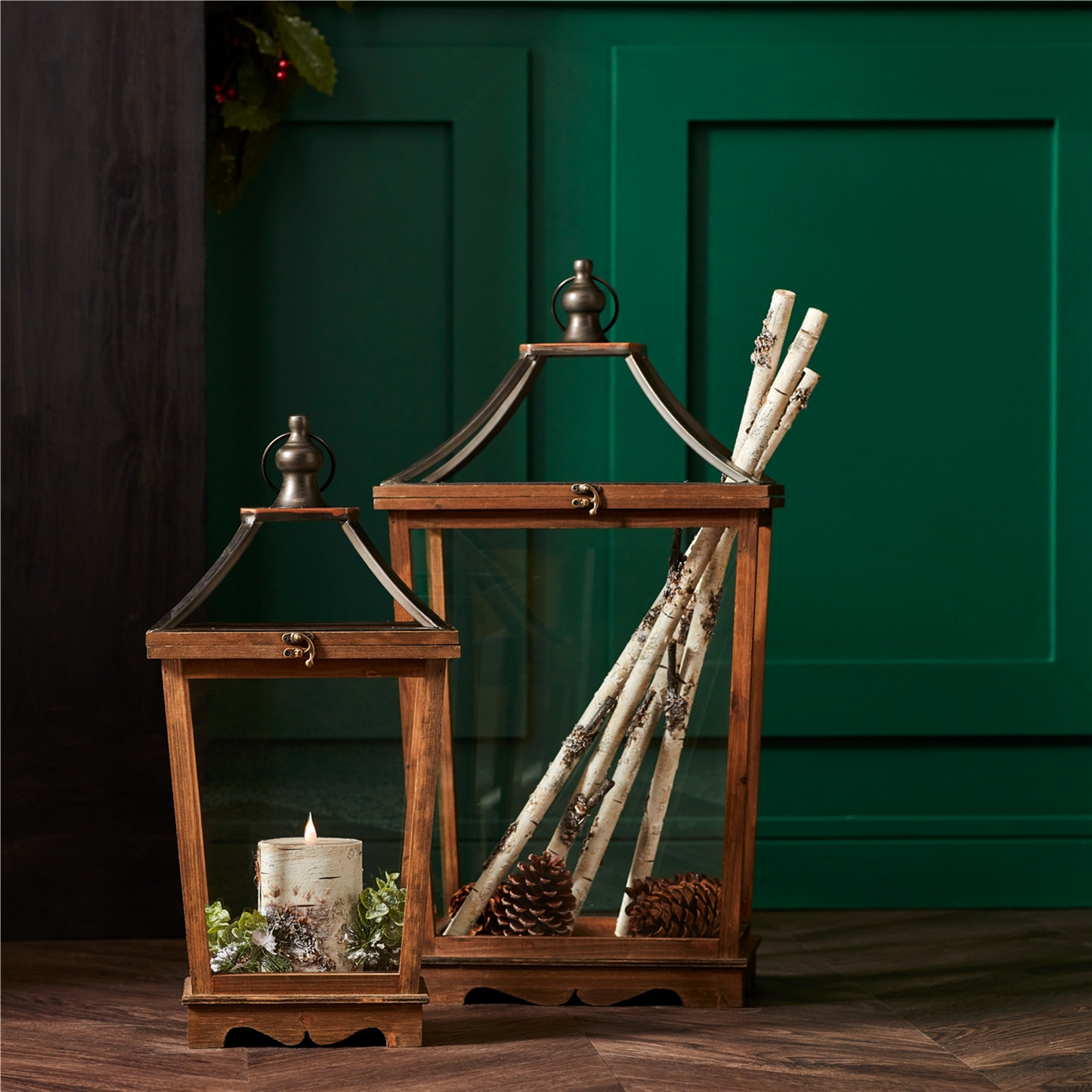 Natural Wooden Lantern with Open Top (Set of 2)