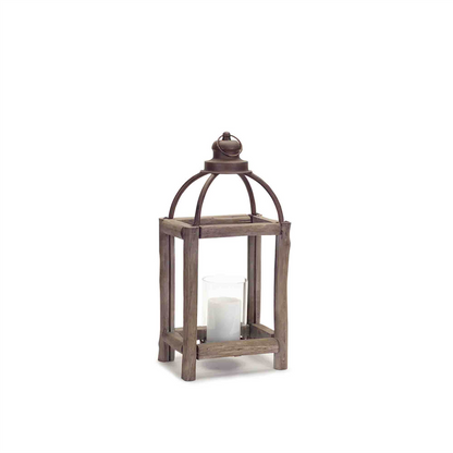 Rustic Wood Log and Antique Metal Lantern with Glass Hurricane (Set of 2)