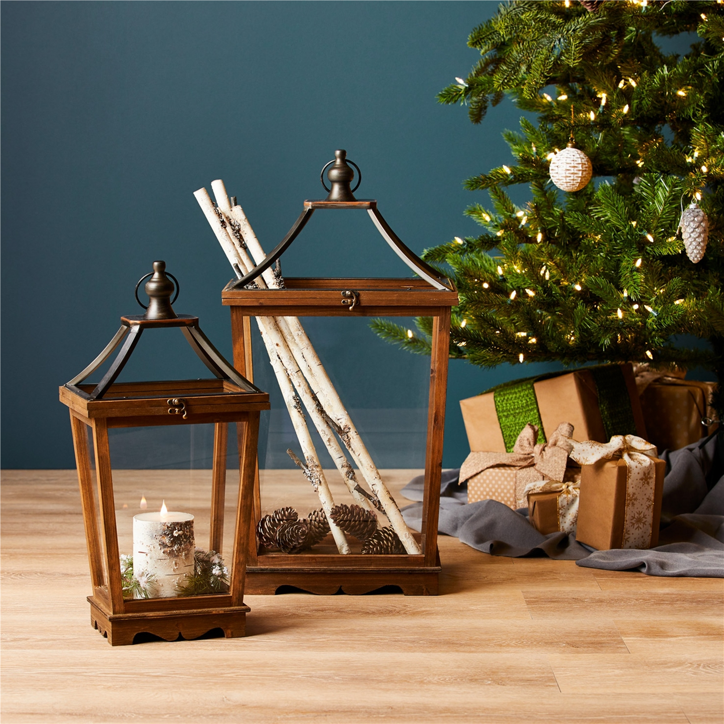 Natural Wooden Lantern with Open Top (Set of 2)