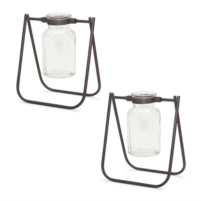 Hanging Glass Jar Vase with Metal Stand (Set of 2)