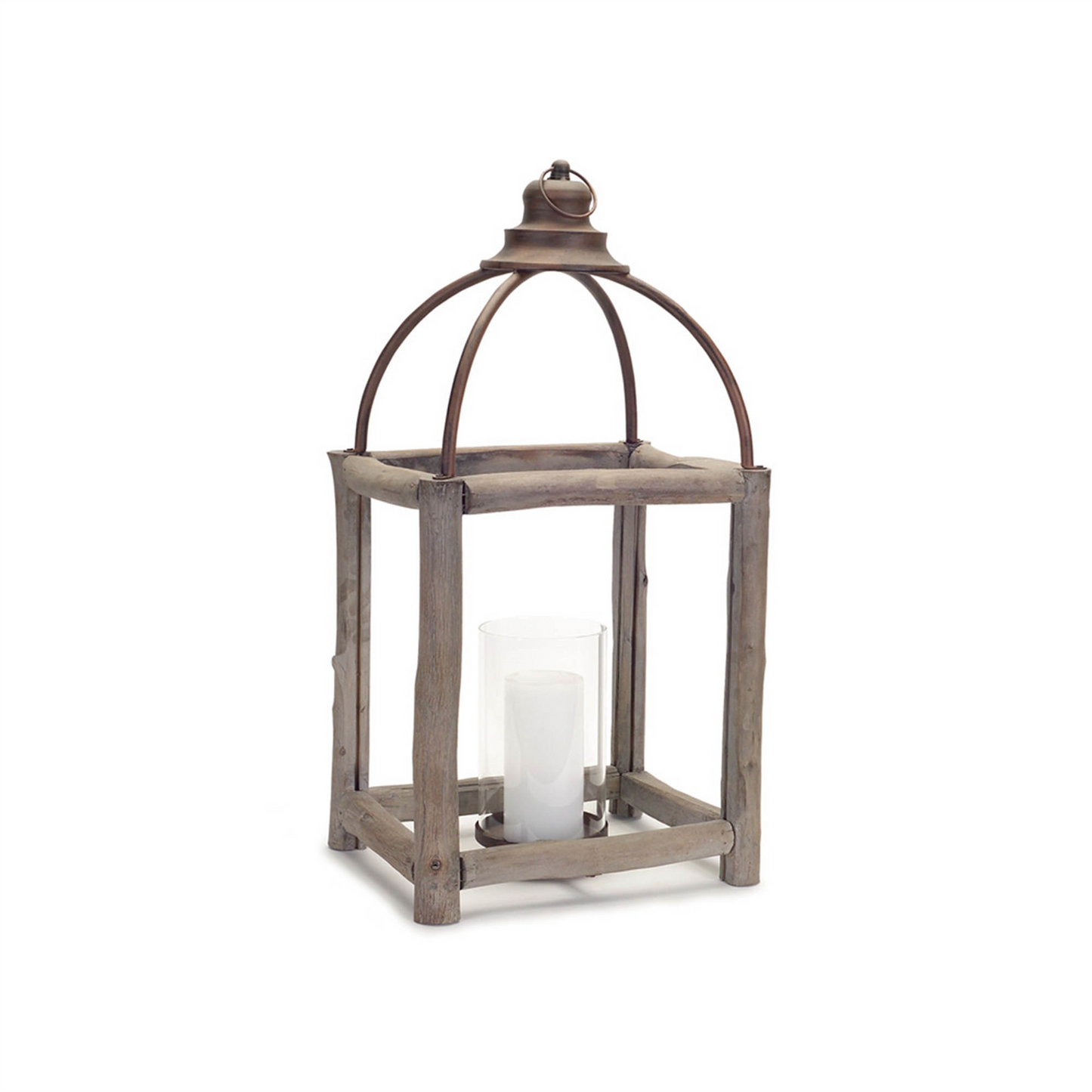 Rustic Wood Log and Antique Metal Lantern with Glass Hurricane (Set of 2)
