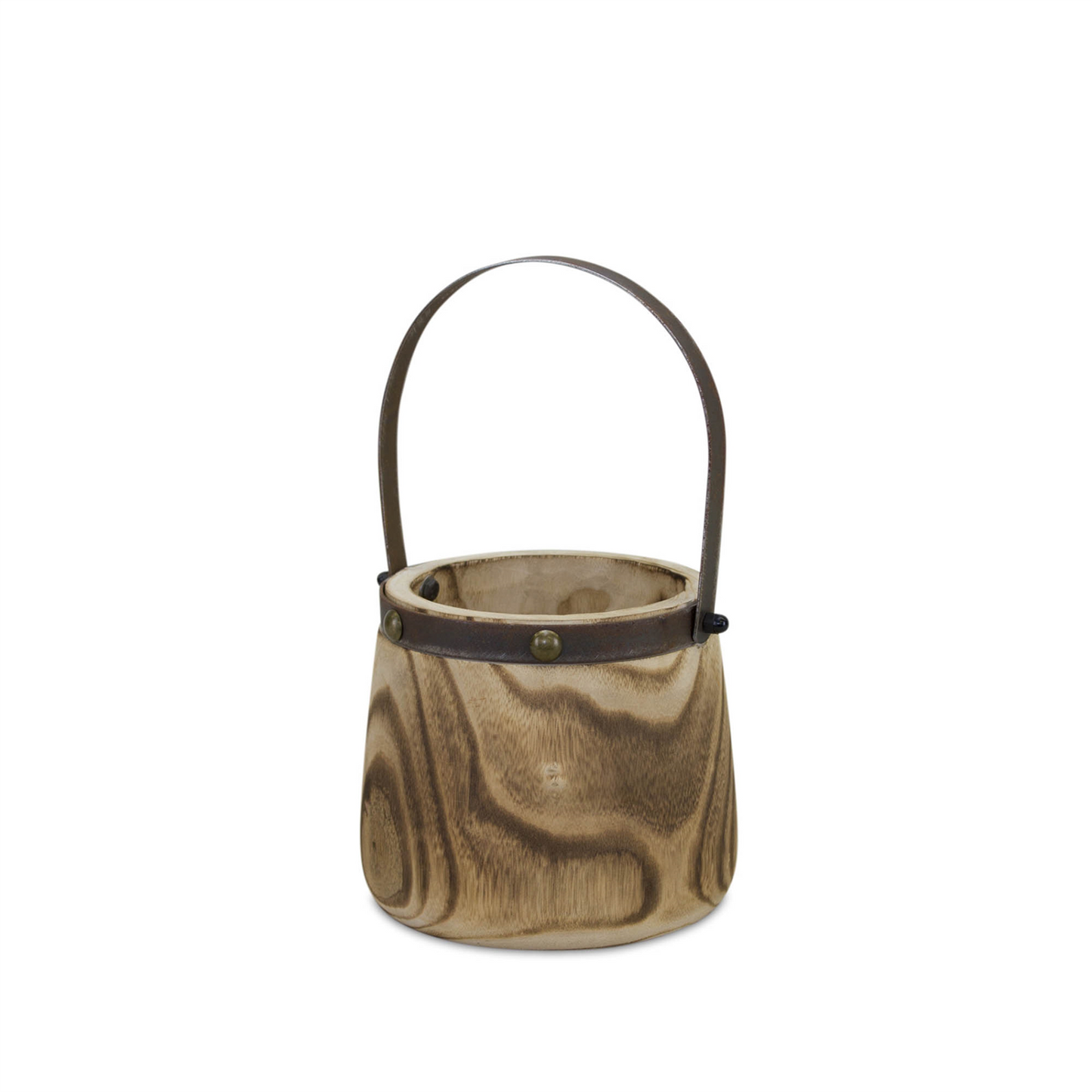 Natural Wooden Pail Planter with Metal Handle Accent (Set of 2)