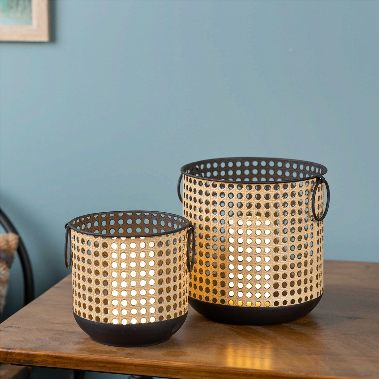 Punched Metal Candle Holder with Rattan Design (Set of 2)