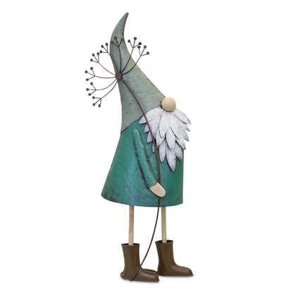 Iron Metal Standing Garden Gnome with Flower (Set of 2)