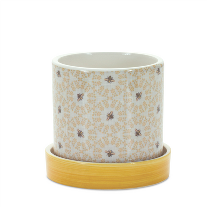 Stone Bumble Bee Striped Planter with Plate (Set of 2)