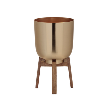 Round Metal Planter with Wooden Stand (Set of 2)