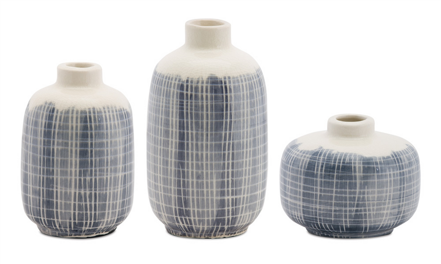 Mini Terra Cotta Bud Vase with Navy Criss Cross Pattern (Set of 6)