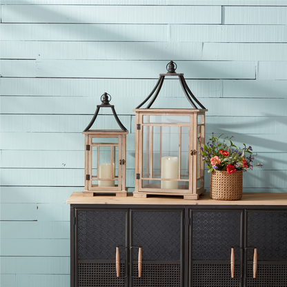Natural Wood Lantern with Open Metal Lid (Set of 2)