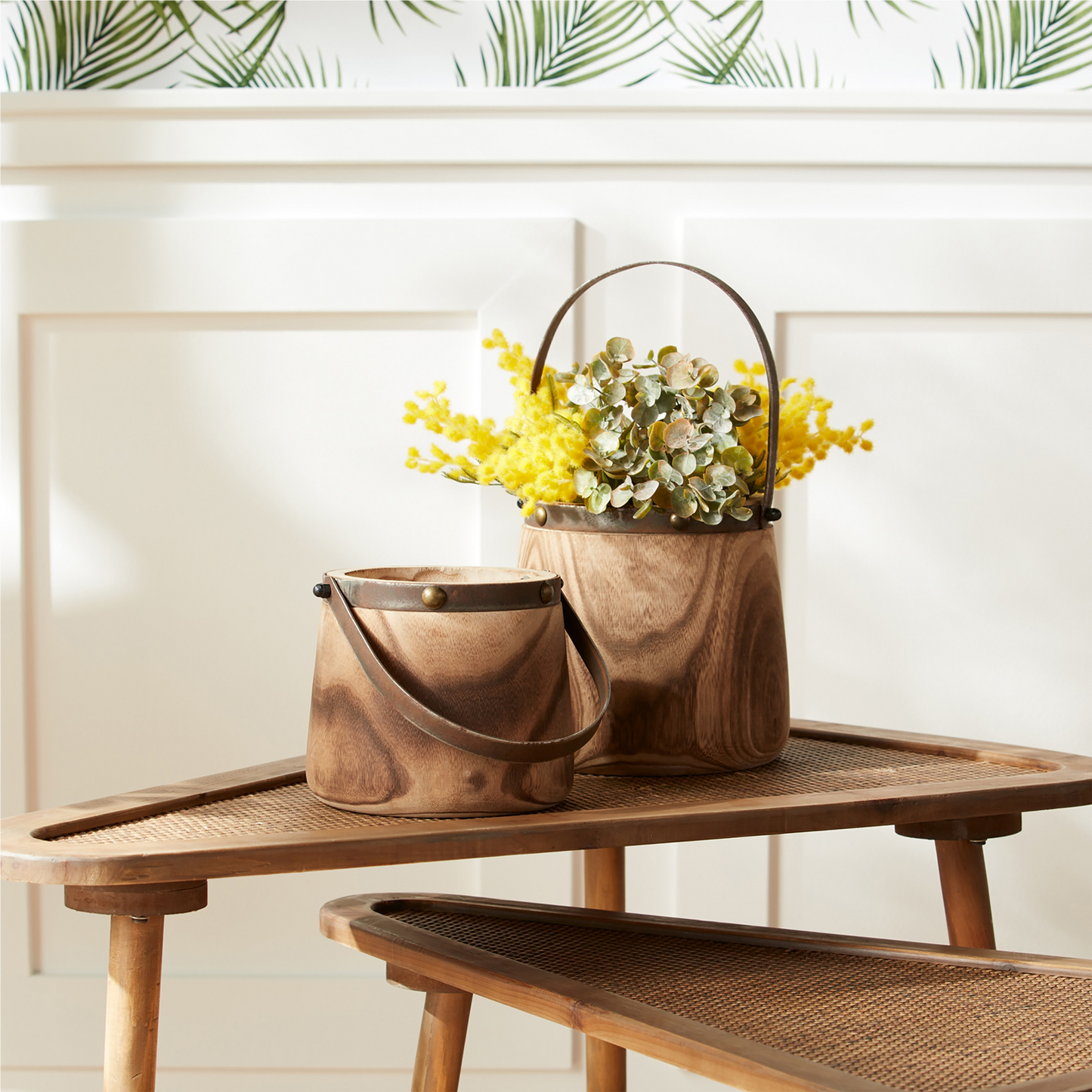 Natural Wooden Pail Planter with Metal Handle Accent (Set of 2)