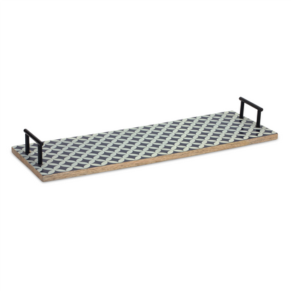Mango Wood Tray with Geometric Design and Metal Handle Accents (Set of 2)