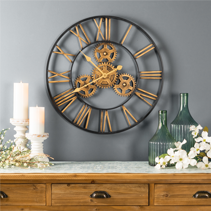 Industrial Iron Gears Wall Clock with Roman Numerals 23.75"D