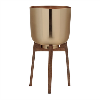 Round Metal Planter with Wooden Stand (Set of 2)