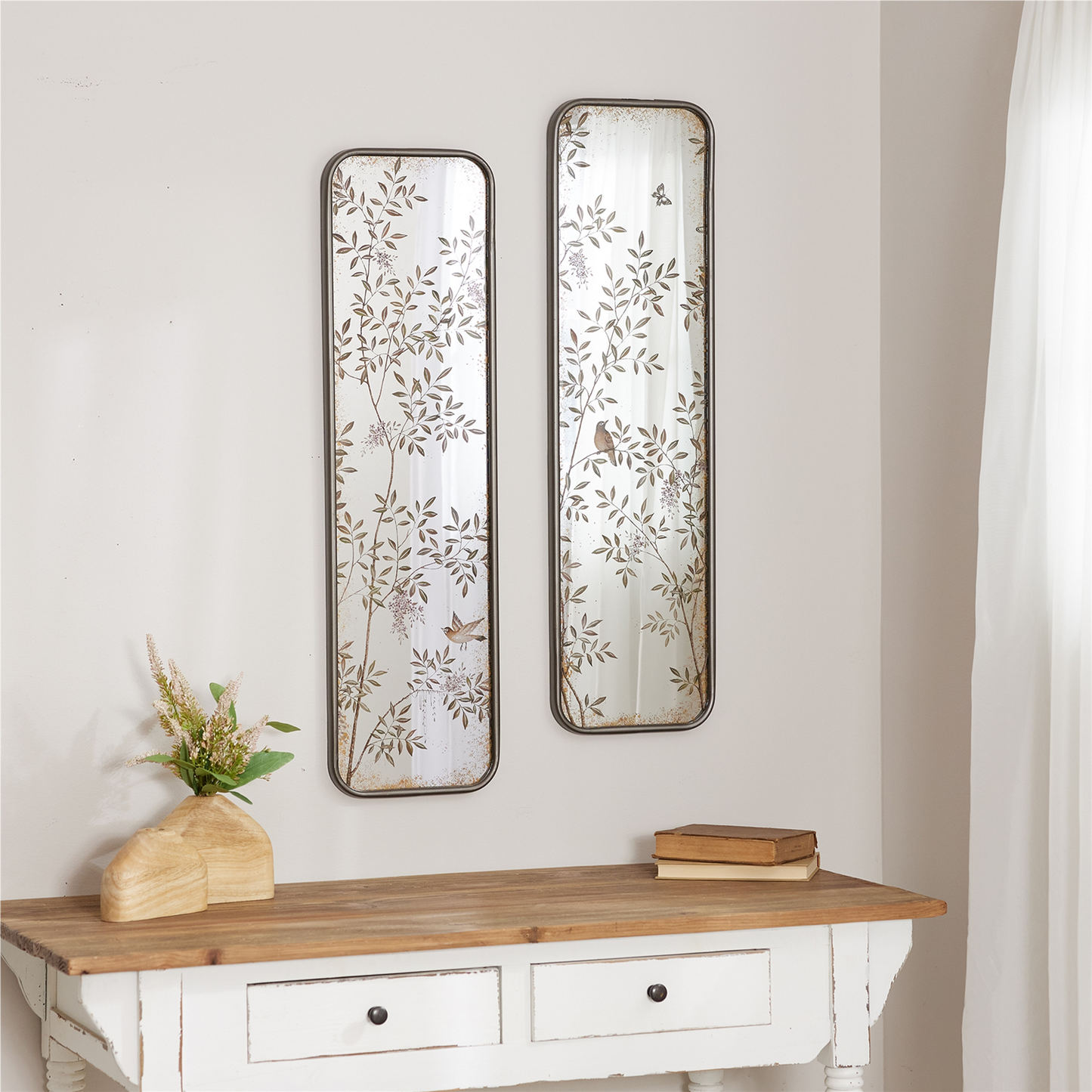 Wall Mirror with Bird and Floral Foliage Print (Set of 2)