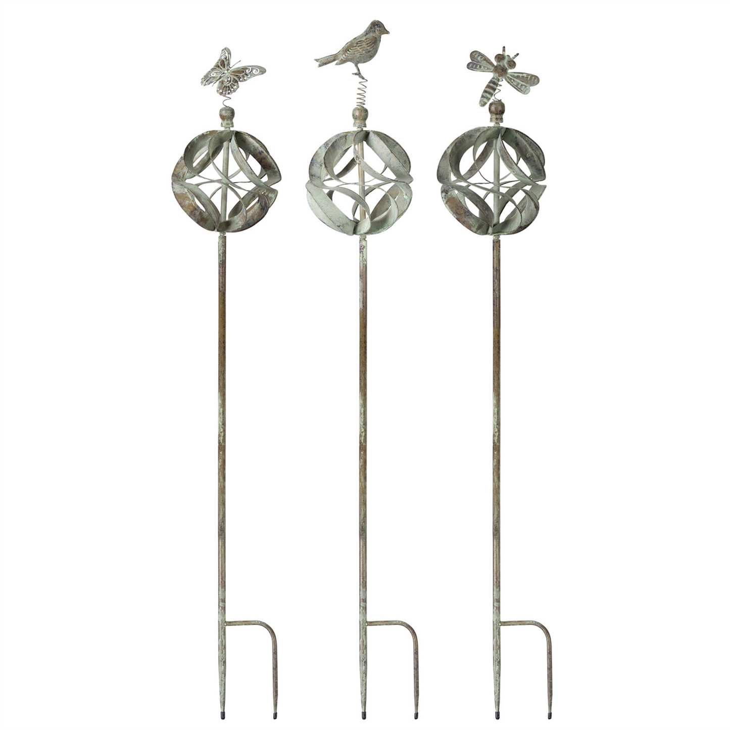Ornamental Metal Garden Stake with Bird and Insect Accents (Set of 3)