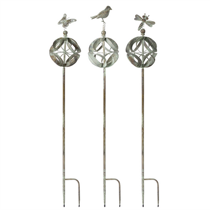 Ornamental Metal Garden Stake with Bird and Insect Accents (Set of 3)