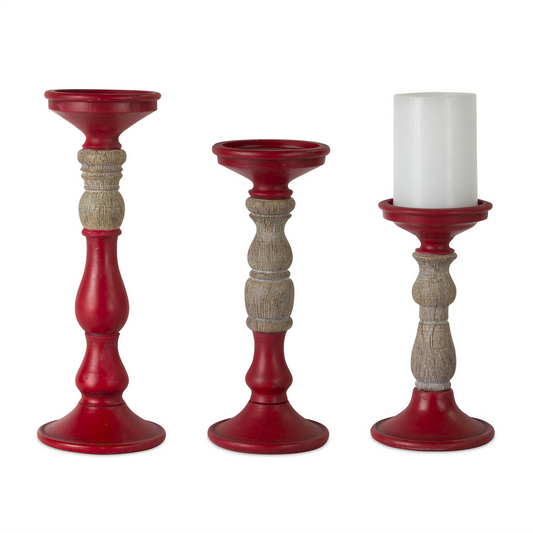 Red Candle Holder with Wood Accent (Set of 3)