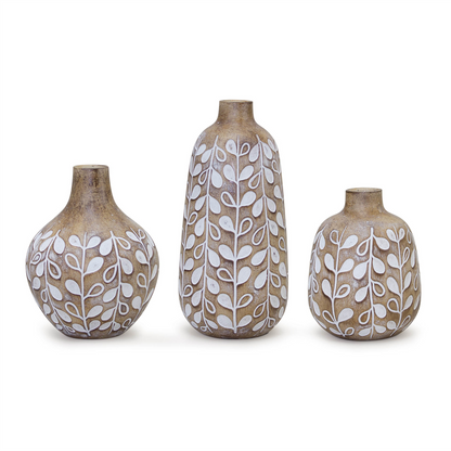 Leaf Print Vase with Wood Design (Set of 3)