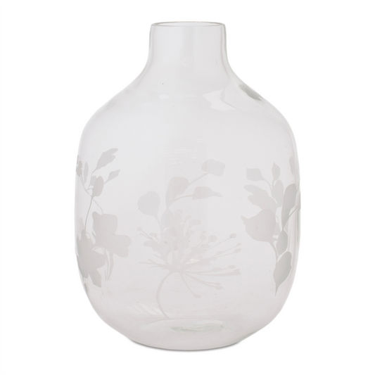 White Frosted Glass Vase with Floral Etching