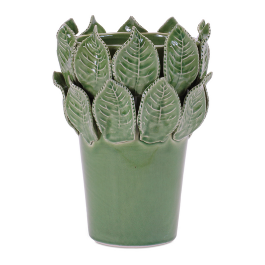 Stoneware Vase with Leaves Accent 7.5"H