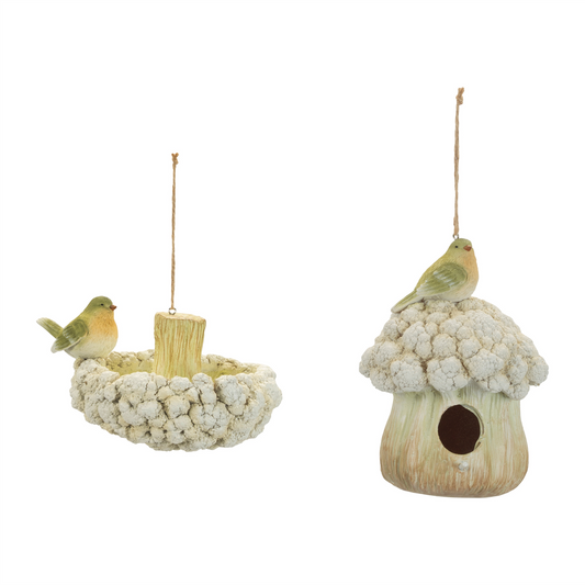Cauliflower Birdhouse and Hanging Birdbath (Set of 2)
