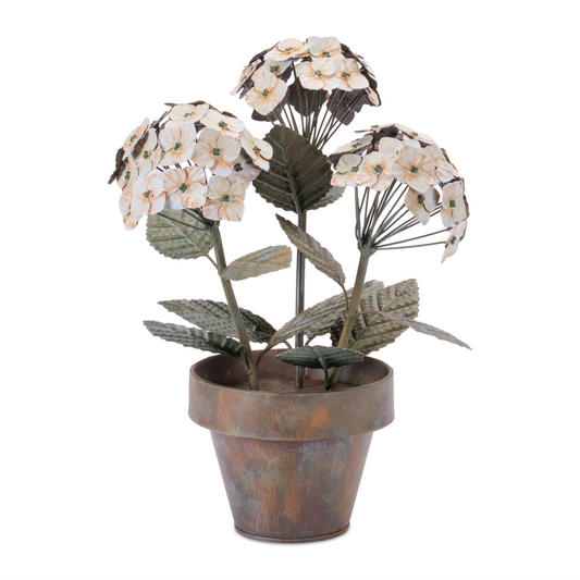 Iron Potted Hydrangea Floral Sculpture 15"H
