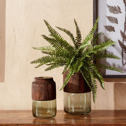 Sage Glass Vase with Wood Accent 11"H