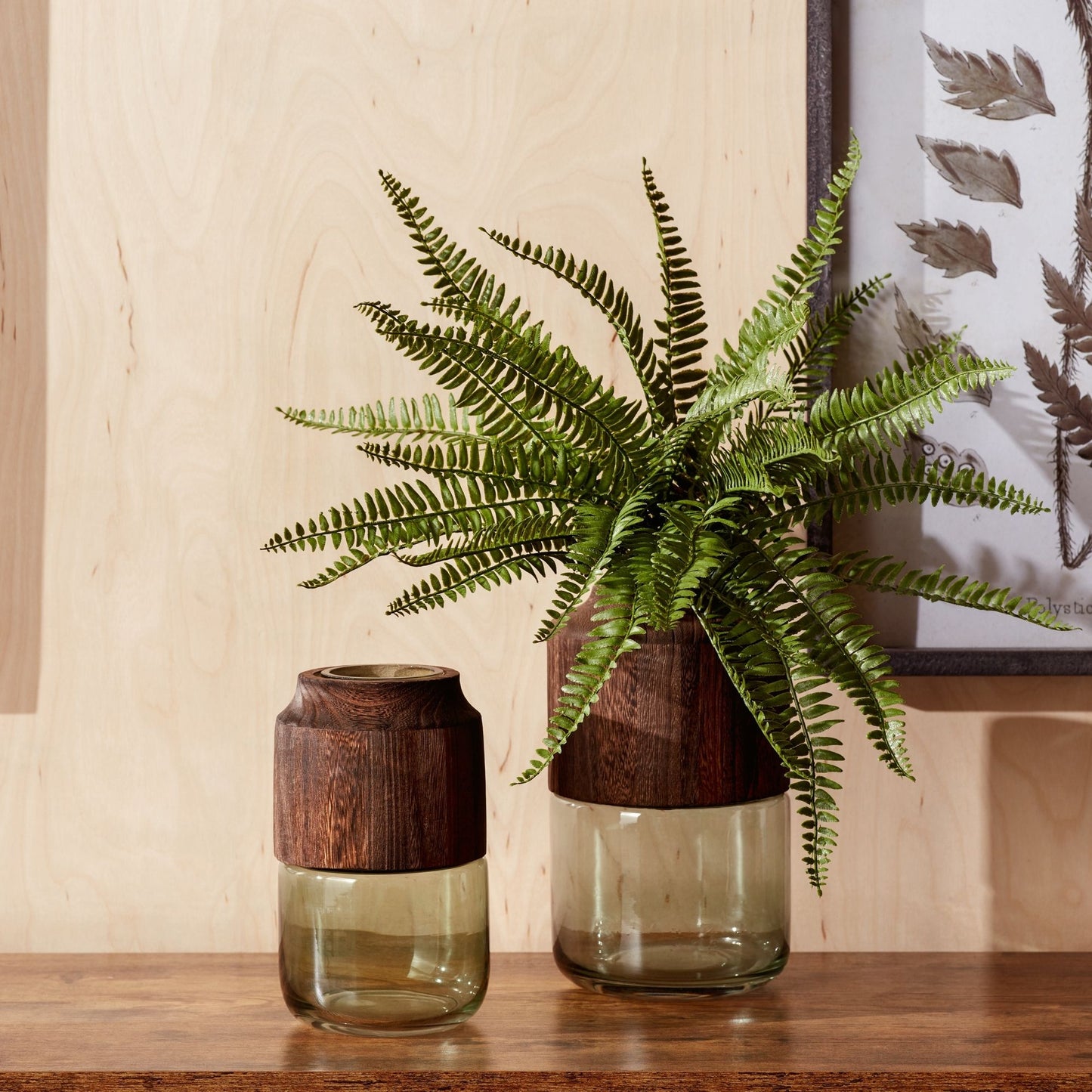 Sage Glass Vase with Wood Accent 9"H