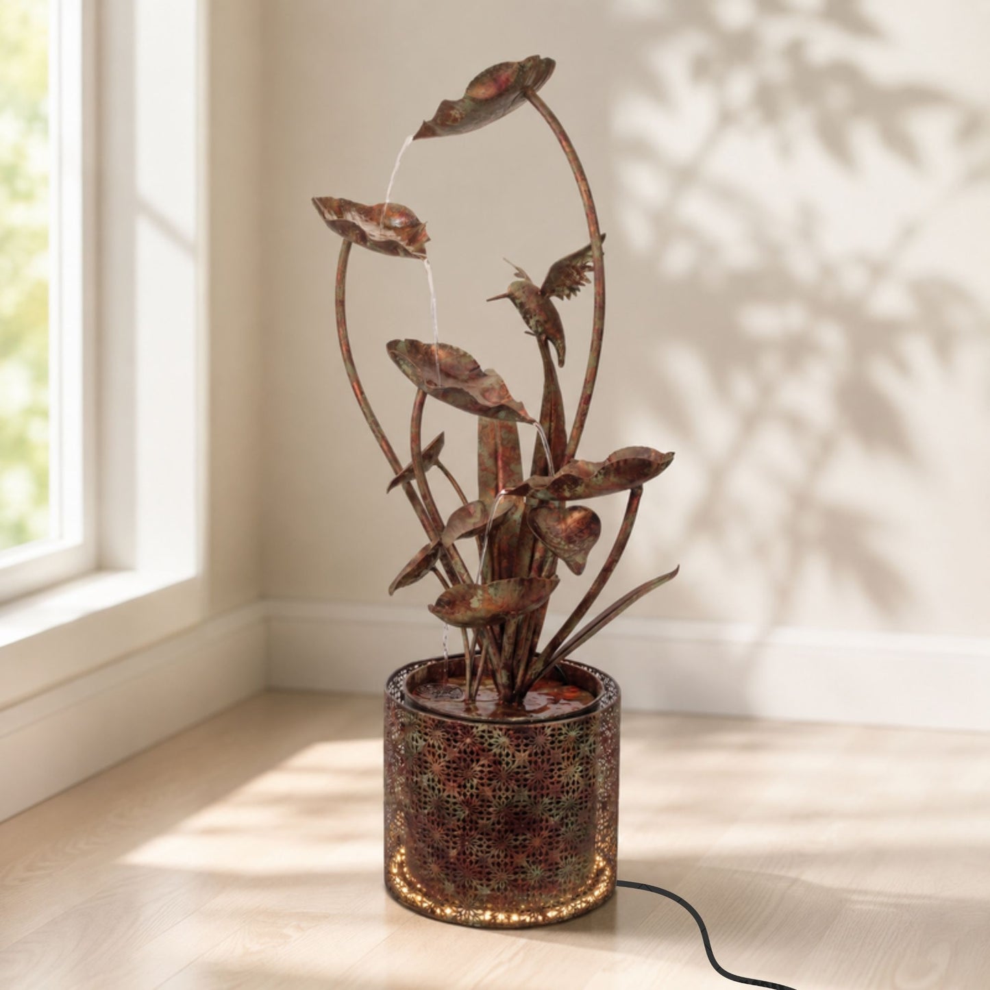 Cascading Iron Hummingbird and Leaf Fountain 42"H